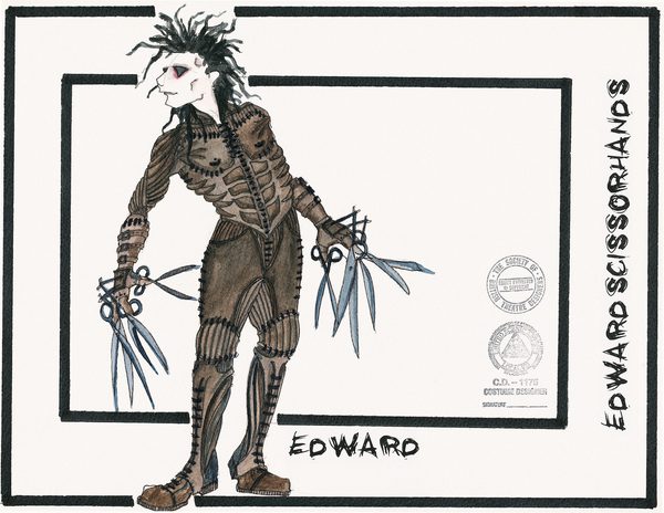 Illustration of person in dark, tight fitting suit with scissors for hands and wild dark hair