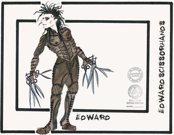 Illustration of person in dark, tight fitting suit with scissors for hands and wild dark hair