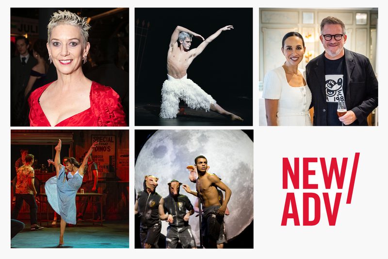 A grid of five images. In the top left, a woman with short blonde hair is wearing a red dress, she is pictured from the upper chest up. In the top middle, a dancer is wearing white feathered trousers and swan makeup, he is kneeling on one knee with the other leg out straight, one arm is reached over his head and the other is reaching out. On the top right, a man and woman post together. They are pictured from the waist up and smiling. The man is wearing glasses and a black t-shirt and jacket, the woman has dark tied up hair and is wearing a white dress. In the bottom left image, a woman is dancing and performing a high leg kick, she is wearing a light blue dress. In the bottom middle image, a man with short dark hair is standing in front of a large moon, behind him other dancers are wearing pig masks. In the bottom right corner, the 'New Adventures' logo is red and reads 'NEW/ADV'.