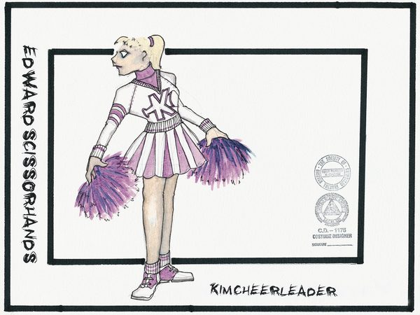 Illustration showing Kim Boggs, young cheerleader with blonde hair in a pony tail, she holds a pom pom in each hand