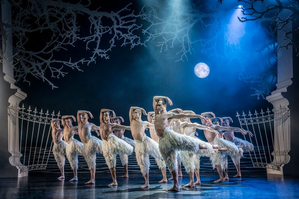 A group of swans arranged in an arrowhead formation are poised on one leg, with one hand wrapped over their head and the other outstretched to their left. At the front of the group is ’The Swan’. They are positioned in front of wrought iron gates and beneath silhouettes of tree branches. A full moon illuminates the background.