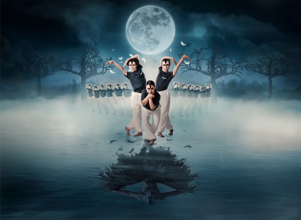 3 young people pose as swans in the centre of a moonlit lake scene, two rows of people posing in swans behind them