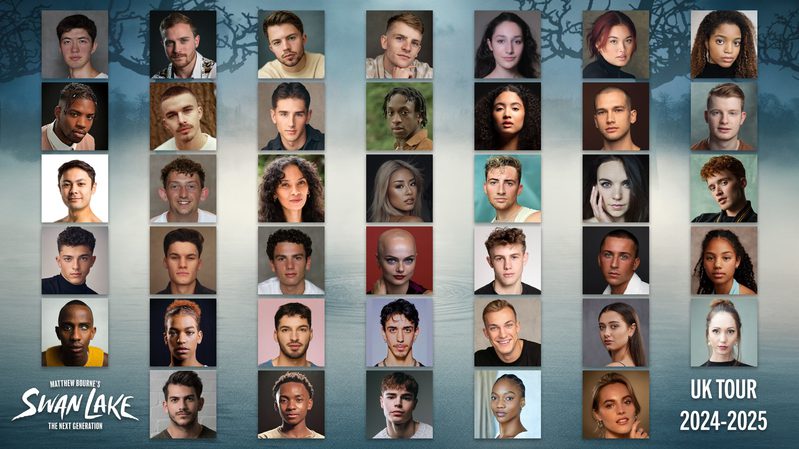 Forty square headshot images are arranged in rows on a background image of a misty lake. In the bottom left corner is stylised text that reads "Matthew Bourne's Swan Lake The Next Generation". In the bottom right corner is text that reads "UK Tour 2024-2025".