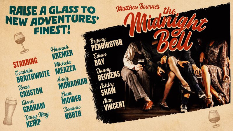 30s film style poster with names of company listed and image of crossed legs at a table
