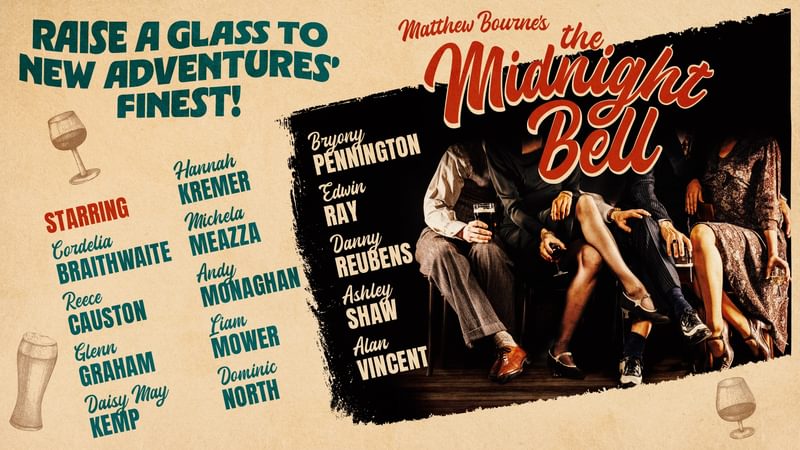 30s film style poster with names of company listed and image of crossed legs at a table