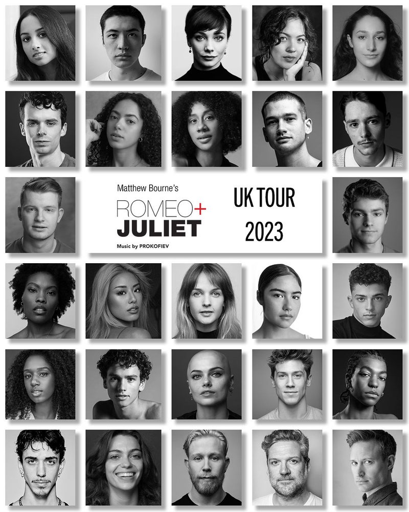 Collage of cast headshots with Romeo + Juliet UK Tour 2023 written in the centre