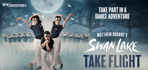text reads Take Part in a Dance Adventure, Matthew Bourne's Swan Lake Take Flight. 3 young people pose as swans in the centre with a number of other young people posing as swans in the background. The image is set on a moody nighttime background with large moon in, leafless trees and feathers.