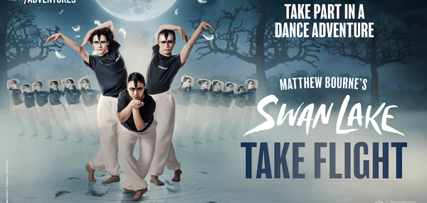 text reads Take Part in a Dance Adventure, Matthew Bourne's Swan Lake Take Flight. 3 young people pose as swans in the centre with a number of other young people posing as swans in the background. The image is set on a moody nighttime background with large moon in, leafless trees and feathers.
