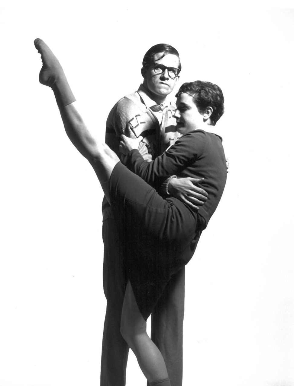 A black and white photograph of Matthew Bourne and Emma Gladstone in Does Your Crimplene Go All Crusty When You Rub from 1987