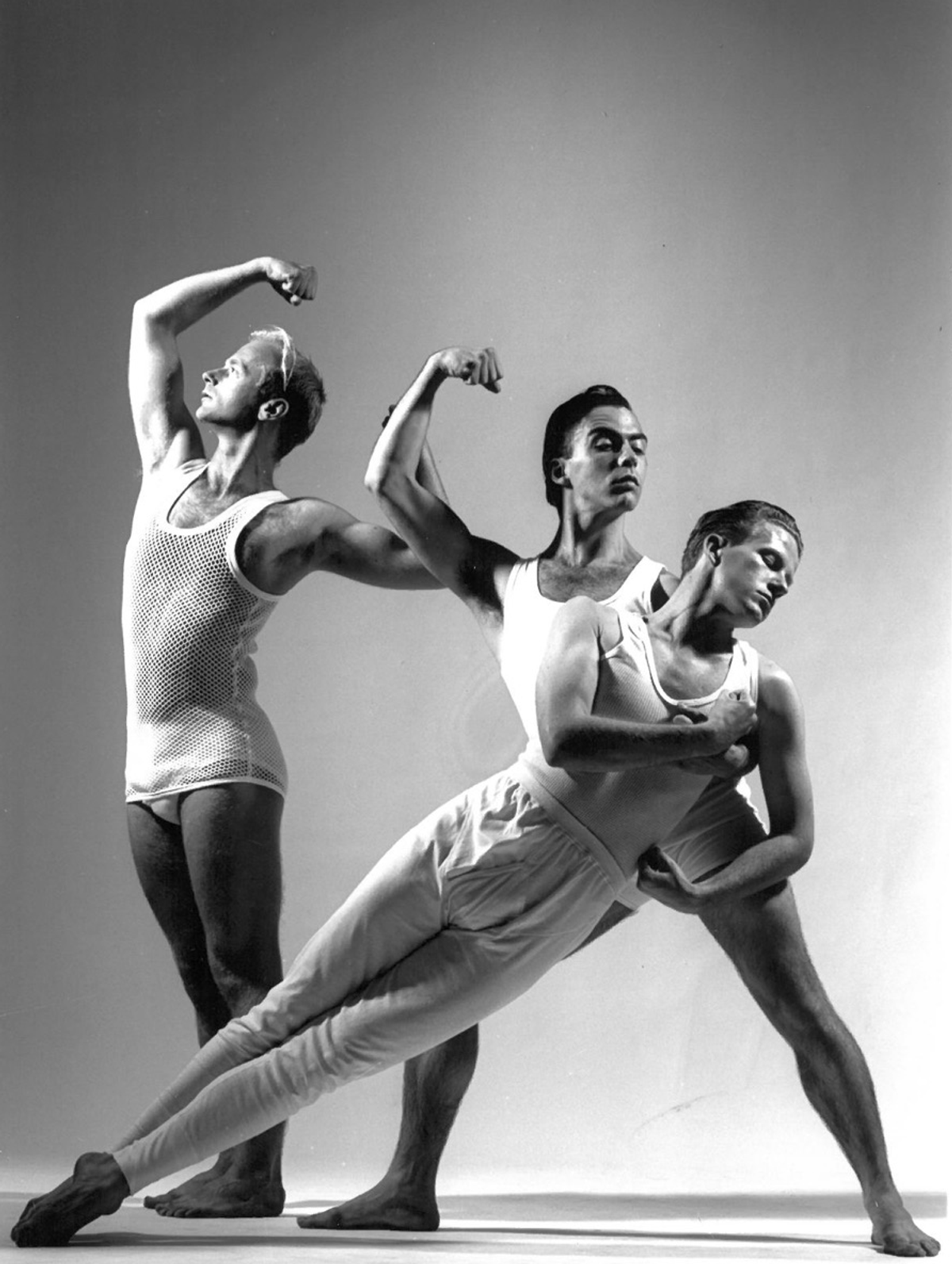 Black and white image of David Waring, Jo Chandler and Matthew Bourne in Spitfire from 1988