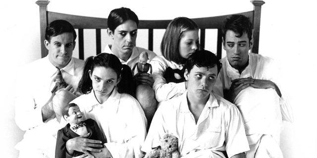 An image from 1992 of Matthew Bourne, Scott Ambler, Ally Fitzpatrick, Andrew George, Etta Murfitt and Simon Murphy in a publicity shot for Nutcracker