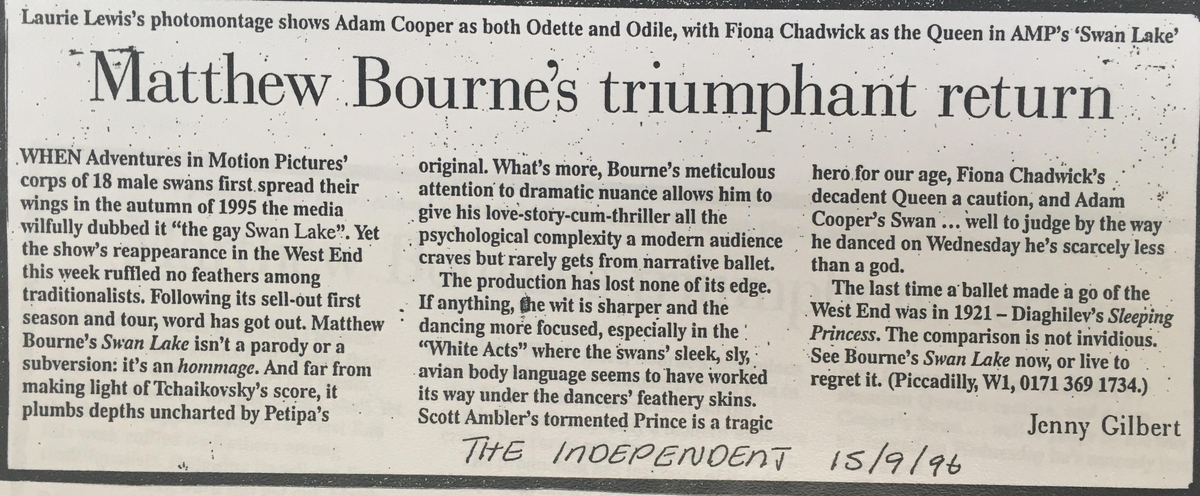 A press cutting from 15 September 1996 titled 'Matthew Bourne's triumphant return'